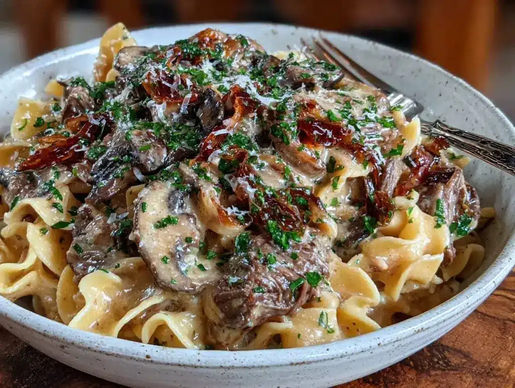 easy creamy lazy day crockpot beef stroganoff - featured image