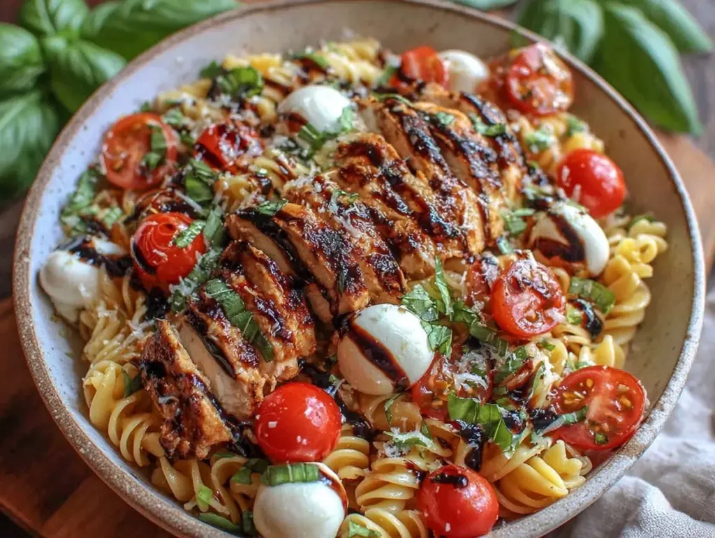 fresh caprese pasta salad with grilled chicken - featured image