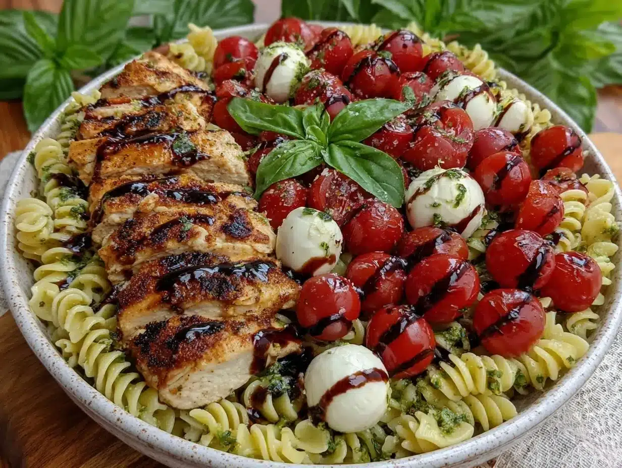 fresh caprese pasta salad with grilled chicken preparation steps