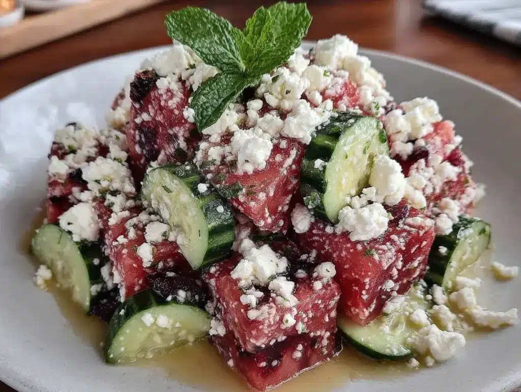 fresh watermelon cucumber feta salad with mint - featured image