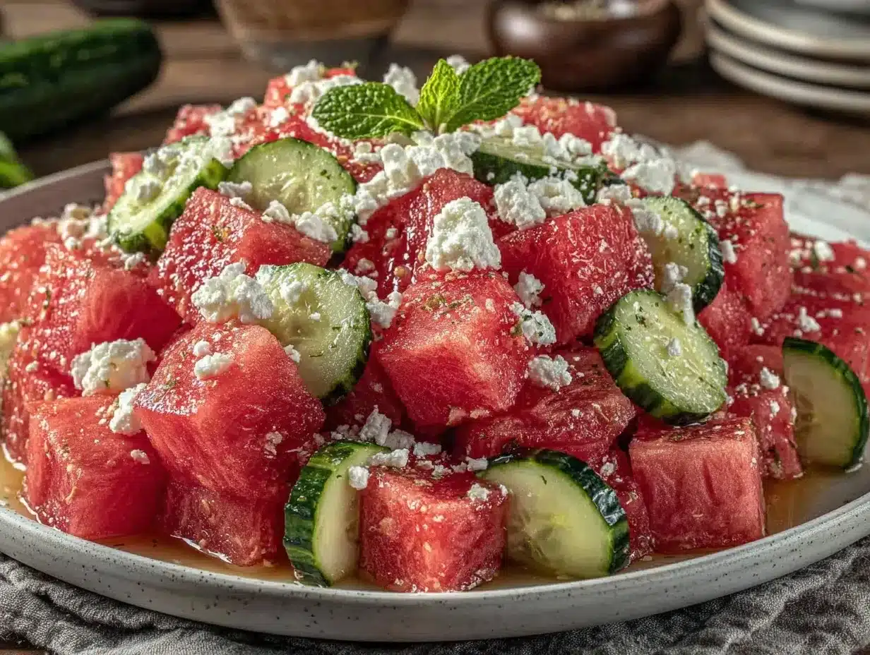 fresh watermelon cucumber feta salad with mint preparation steps