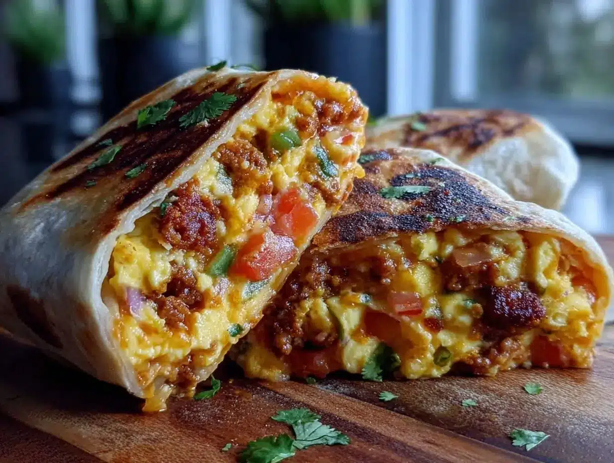 loaded breakfast burrito with chorizo and eggs preparation steps