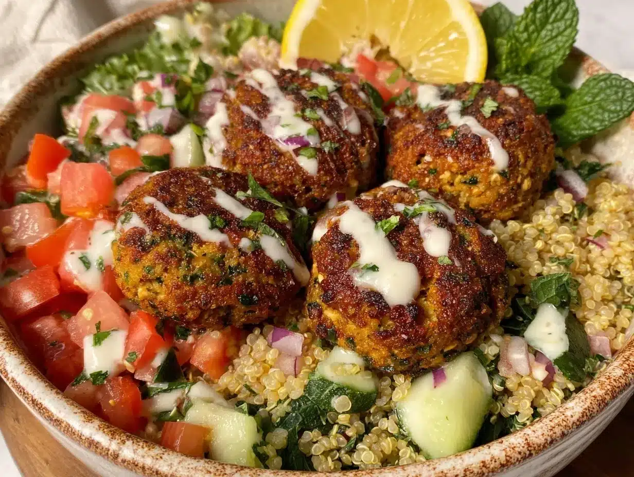 Mediterranean quinoa bowl with crispy falafel preparation steps
