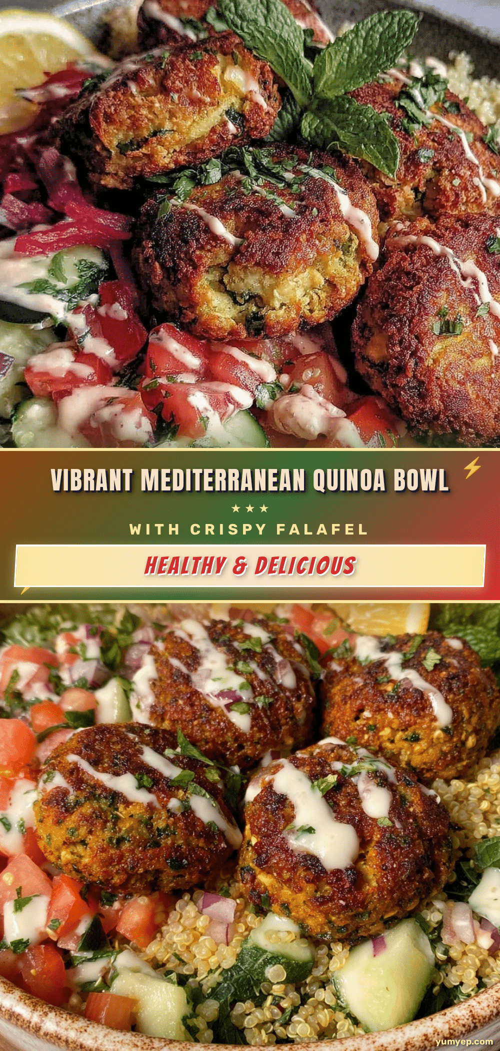 Mediterranean quinoa bowl with crispy falafel recipe