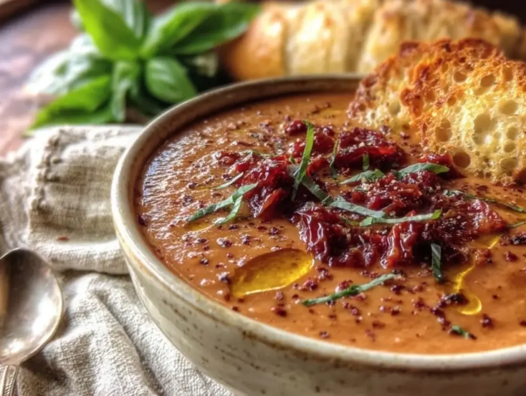 creamy roasted tomato basil bisque - featured image