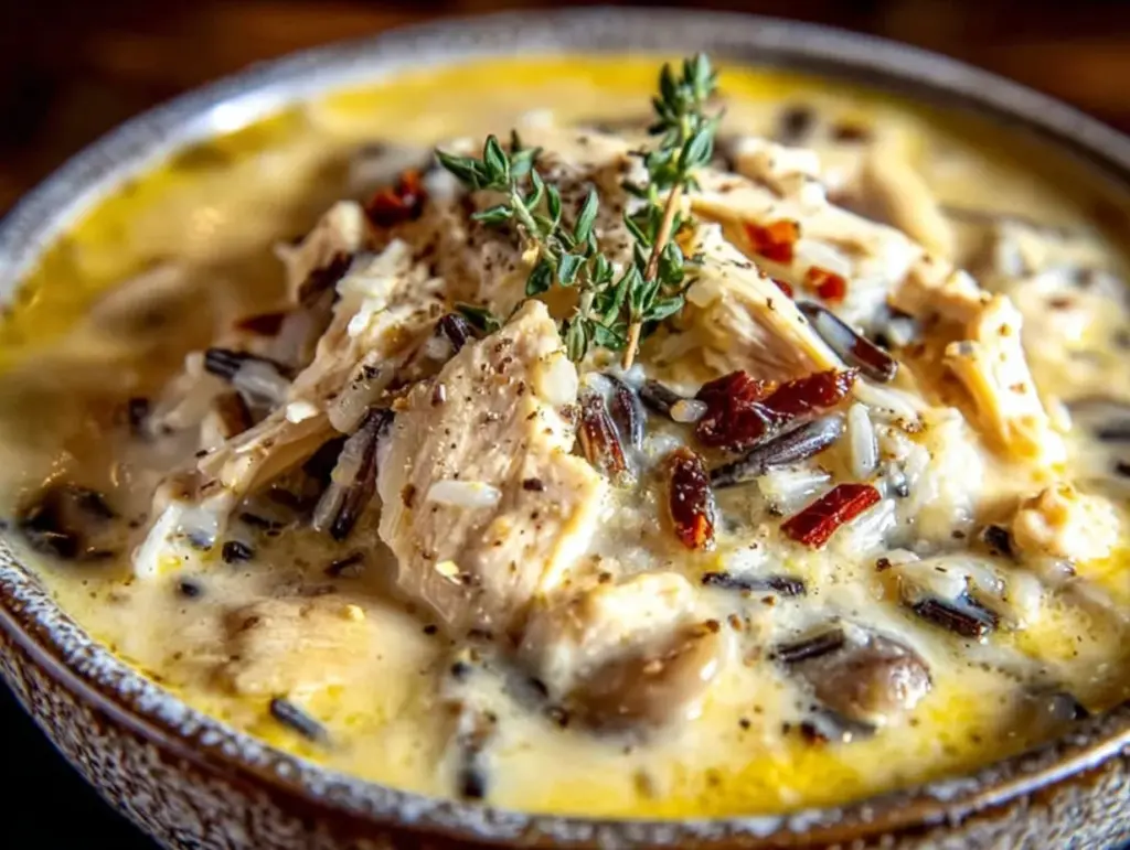 creamy slow cooker chicken and wild rice soup - featured image