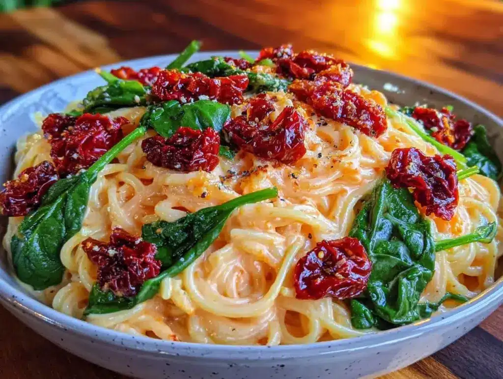 creamy tuscan sun-dried tomato pasta with spinach - featured image