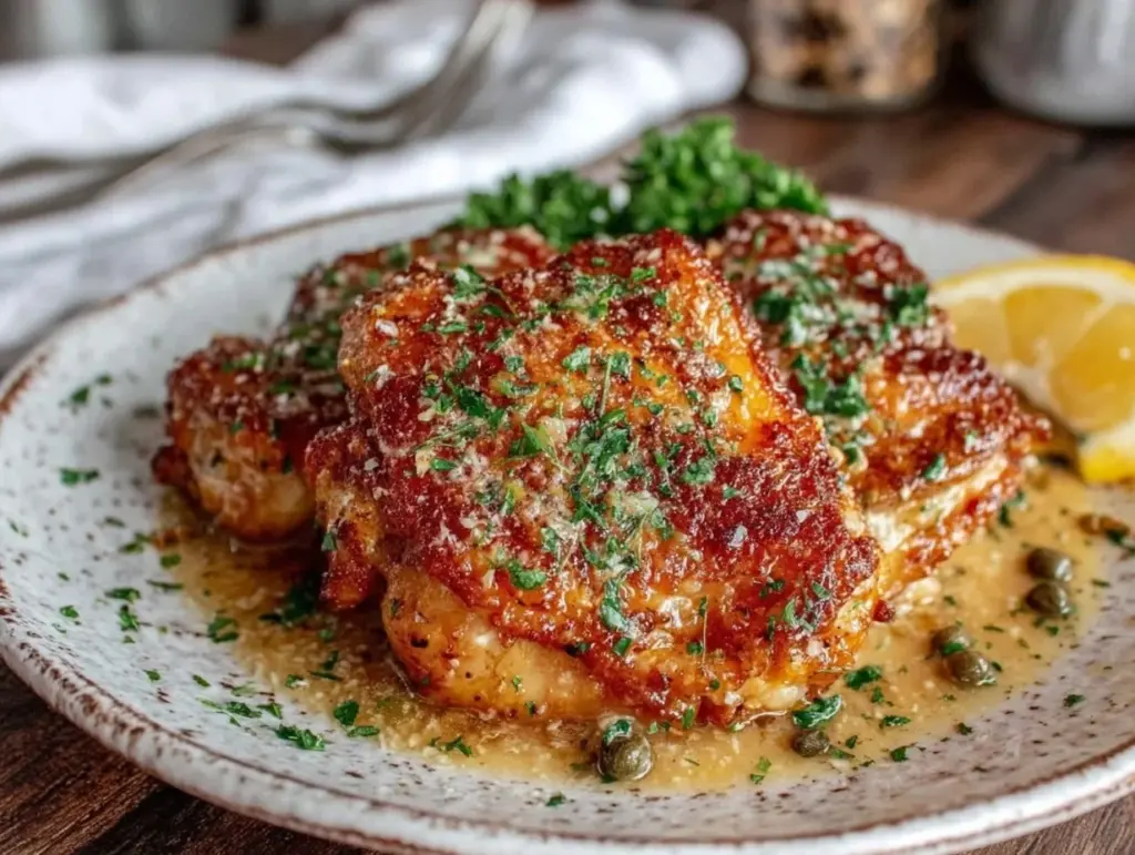 crispy garlic parmesan chicken thighs - featured image