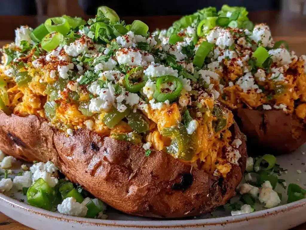 hatch green chile chicken stuffed sweet potatoes - featured image