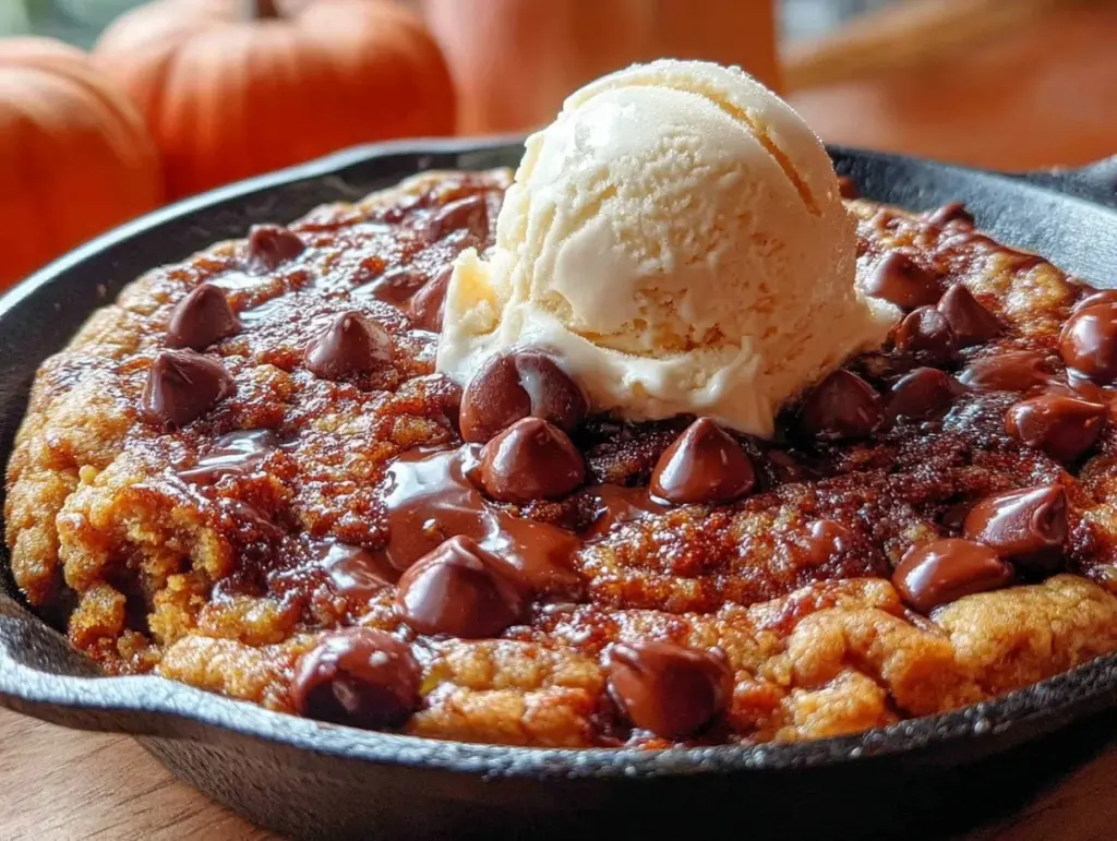skillet pumpkin chocolate chip cookie - featured image